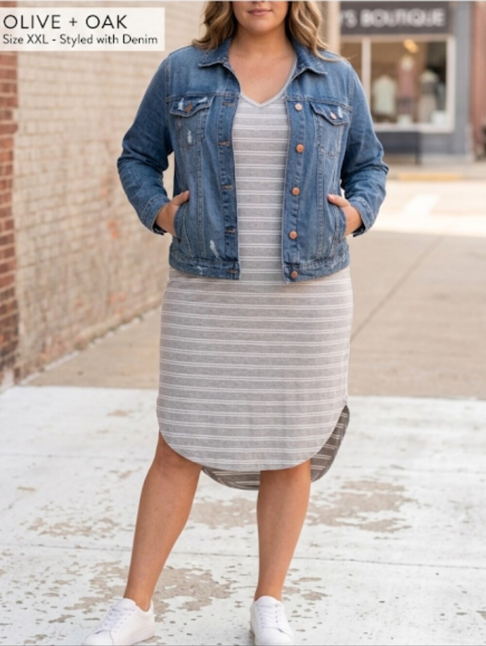 Olive + Oak Tank Dress Gray and White Striped V-Neck Measures 1XL